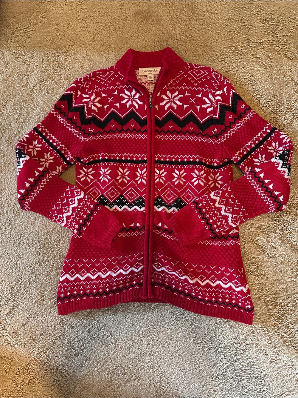 Vintage Breckenridge Petite Red Fair Isle Zip-Up Sweater with Snowflake Pattern
